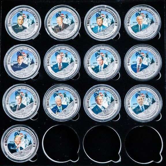 45 Pc Set - US Presidents - .999 Fine Silver Leaf Medallions- Deluxe Storage/Display Case. Includes Trump