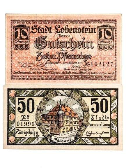 Lot 2 German /Austria "NOTGELD" Emergency Money, Artistic Notes. UNC