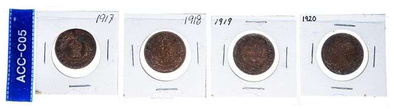 Lot 4 Canada Large One Cent Coins - (1917, 1918, 1919, 1920)