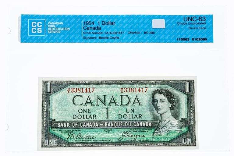 Bank of Canada 1954 $1  Devil's Face  Choice UNC 63