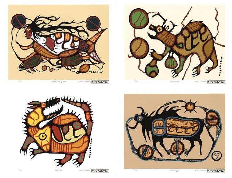 Norval Morrisseau (1931-2007) Art Folio No. 10 - 4 images, 11 x14" Giclees, Plate Signatures, Matched Numbered Set - /50 "A Shaman's Vision" - Medicine Bear,Merman, Ruler of Water,Scared Buffalo, Mishipishiw.