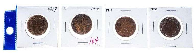 Lot 4 Canada Large One Cent Coins - (1917, 1918, 1919, 1920)