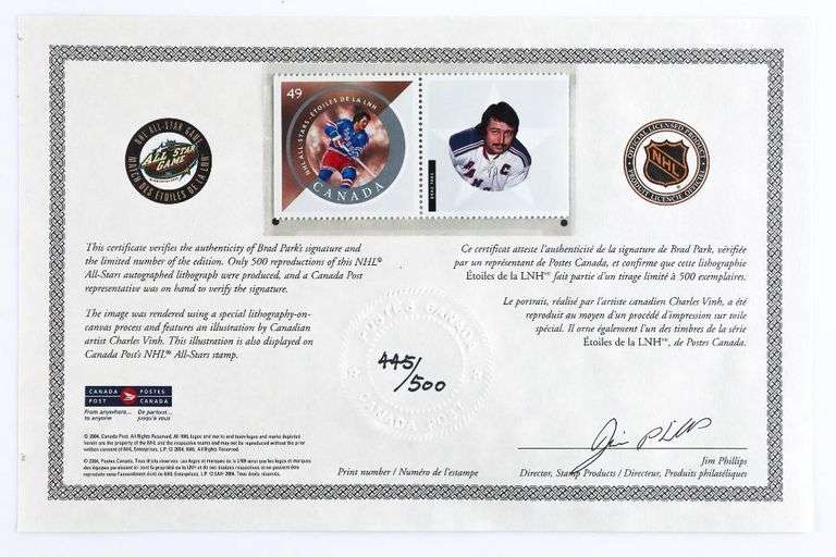 Canada Post Release - NHL All Stars - Brad Park Limited Edition Canvas Litho, Hand Signed Gallery Frame Approx. 20x 20" w/ Special Issue Stamp COA by C.P.