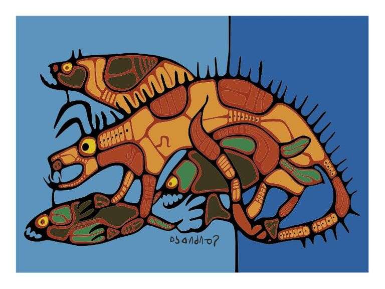 Norval Morrisseau - Giclee Canvas "Bear with Spirit & Friends " 18 x 24" inches. Plate Signature - W/C.O.A. Unstretched