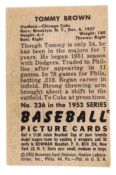 Phillies - Tommy Brown -1952 Baseball Picture Card