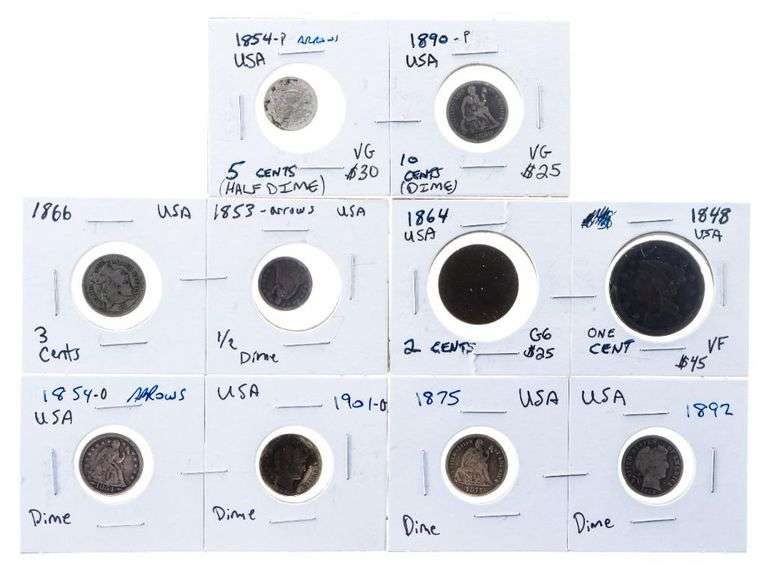Grouping of 10 USA Rare Silver Coins - Dimes & cents, 1800's