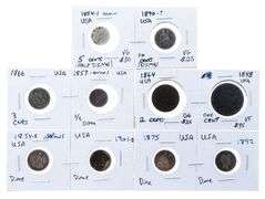 Grouping of 10 USA Rare Silver Coins - Dimes & cents, 1800's