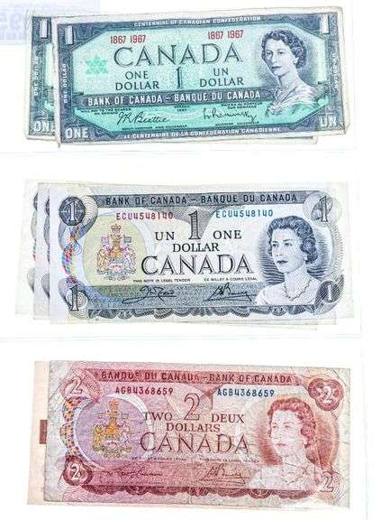 Canada, Mix of 7 $1 & $2 Notes 1954,1973,1974,1986 -Face $9
