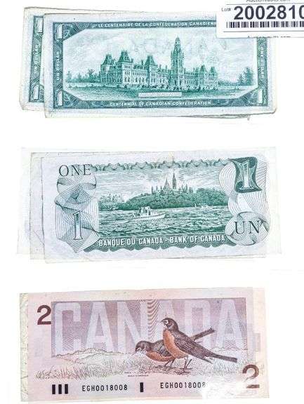 Canada, Mix of 7 $1 & $2 Notes 1954,1973,1974,1986 -Face $9