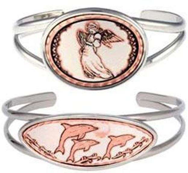 Lot 2 Copper Diamond Cut Bangle Cuff Bracelet,  Angel & Dolphins