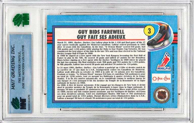 ME - 1991-92 O-Pee-Chee Guy Lafleur Quebec Nordiques #3 Graded 8.5 MNT