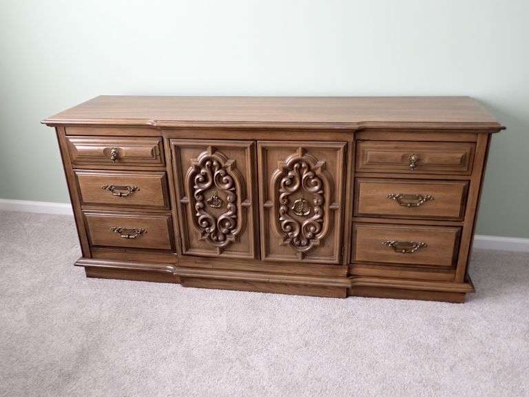 Pecan Wood 9 Drawer Spanish Mediterranean Style Dresser in Excellent condition