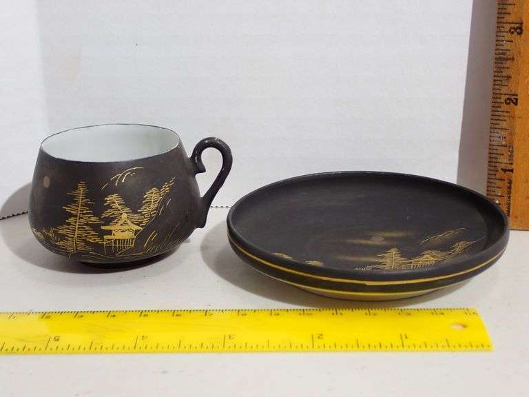 Black & Gold Japanese Cup & Saucer - See maker mark.