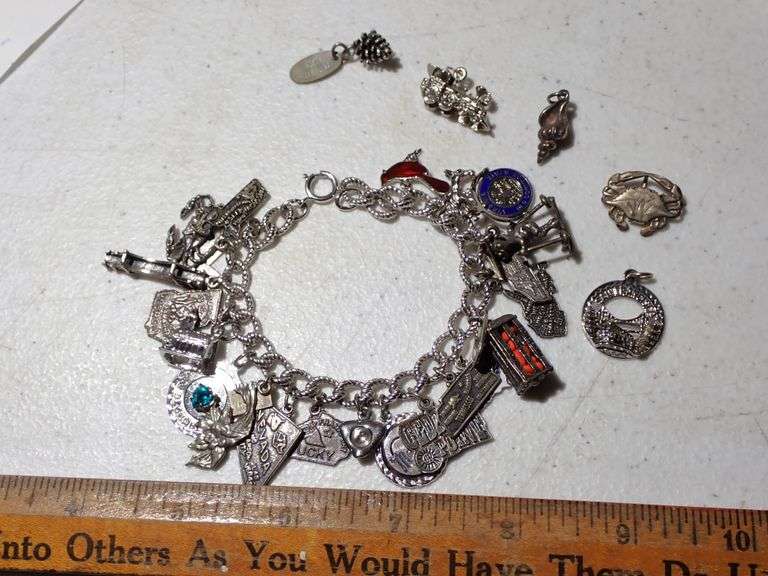 Vtg Sterling Silver Souvenir Bracelet.  Nearly every charm is Sterling.  Excellent condition!