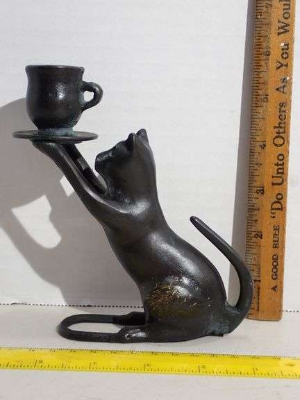 Vintage Bronze Cat Holding Cup Figure Candle Holder