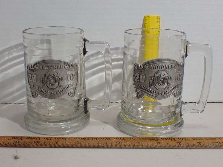Vintage Matching 2002 OSU Ohio State Buckeyes Championship Glass Steins with Pewter Badges - MINT