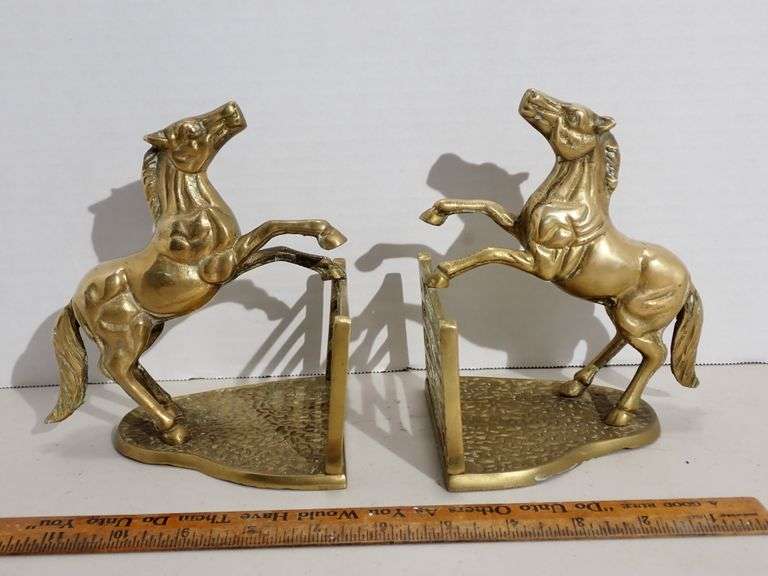 Solid Brass Rearing Horse Bookends - MINT