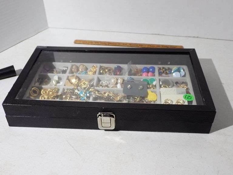 Glass Top Jewelry Case with contents - Bracelets & Earring Pairs.  Clean.  See all photos