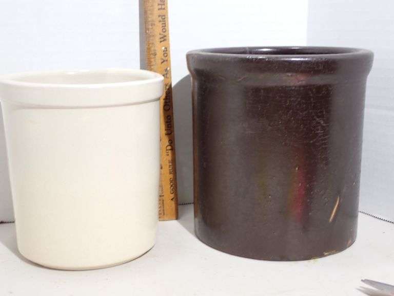 Ransbottom Pottery White 1 Qt Farmhouse Utensil Crock & Antique Brown Glaze Crock - MINT