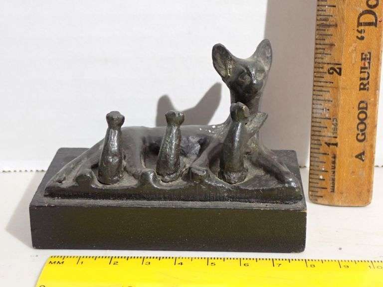 Heavy Solid Bronze Egyptian Cat with Nursing Kittens Artist made Sculpture on black wood stand - Exc