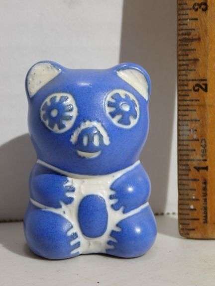 MID CENTURY PABLO ZABAL SIGNED CHILE BLUE & WHITE POTTERY - MINI BEAR - mint condition