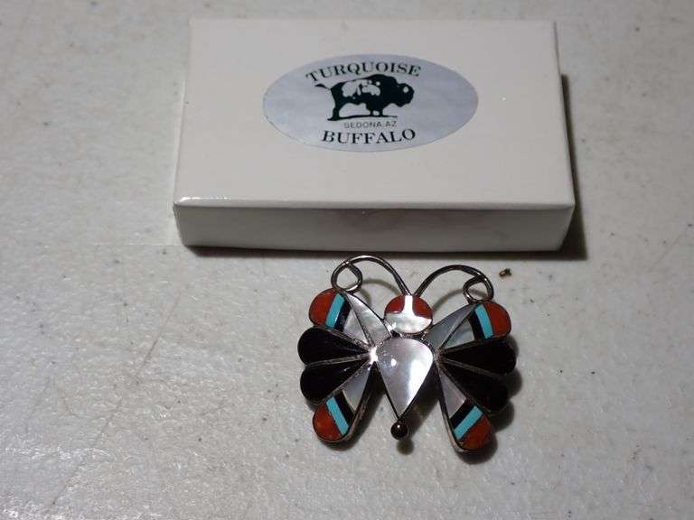 Sara Edaakie Zuni Native American Sterling Silver Turquoise Inlay Butterfly