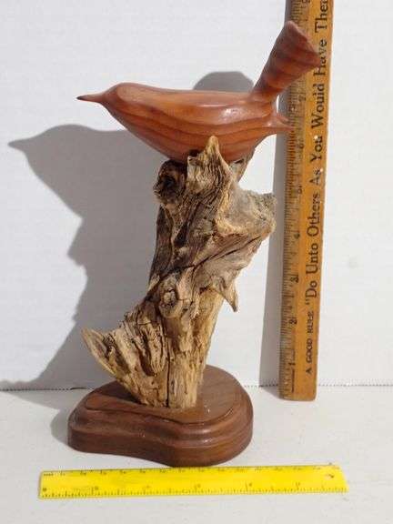 2002 Artist Signed Original Sculpture Carved by D Schiefer Bird on driftwood - MINT