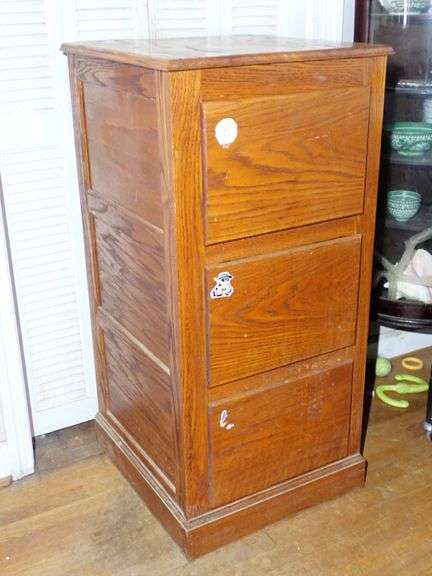 Carpenter made solid wood Mission Style 3 drawer filing cabinet with stickers.  Drawers work perfect