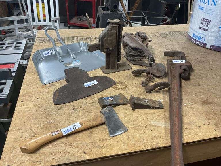 Large Pipe Wrench, Ax Heads, Track Jack, Come Along