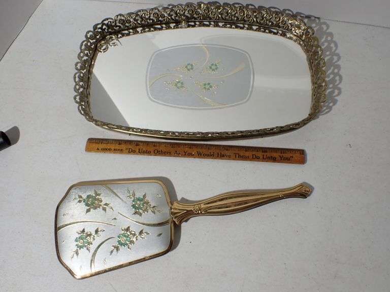 Vintage Vanity Hand Mirror & French Filigree Medium Oval Vanity Mirrored Tray