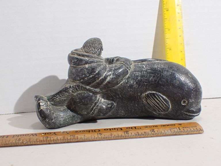 Vtg Edmund Wolf Sculpture Carved Stone Eskimo/Inuit Riding Whale - Mint
