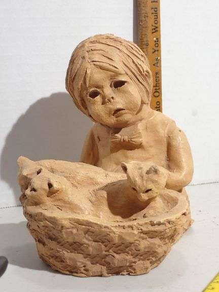 Vtg Dave Grossman Clay Sculpture Girl & Basket of Kittens - Ann Entis Signed - MINT condition