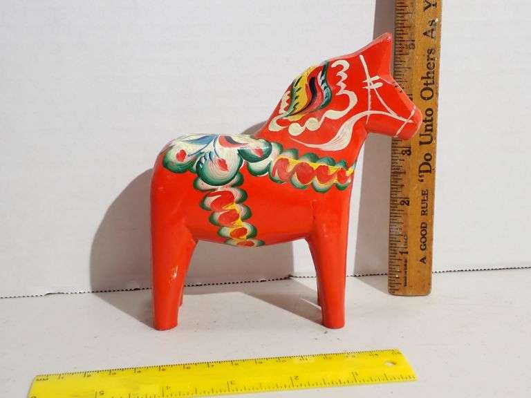 Vintage Swedish Wooden Dala Horse Hand Painted Red Nils Olsson 6" High - Excellent condition