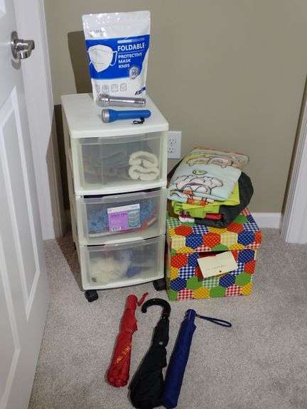 Very nice Womens Winter hats, scarfs, gloves, 7 umbrellas, 2 Flashlights, 3 drawer cabinet, blankets