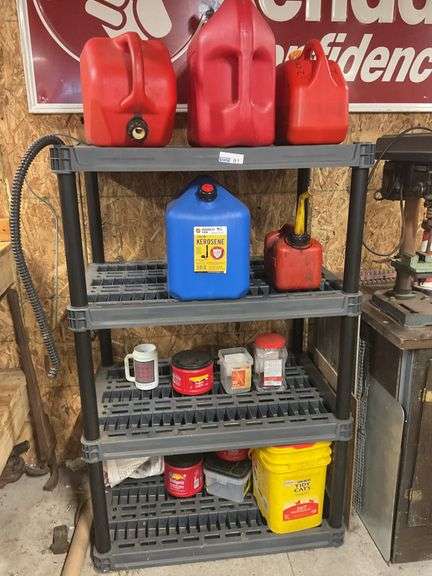 Plastic Shelf Unit, Gas Cans, Kerosene Can