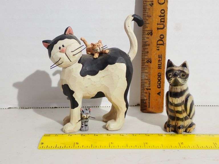 Cat with Kittens Resin Figurine by Blossom Bucket & Carved Wooden Striped Cat - MINT