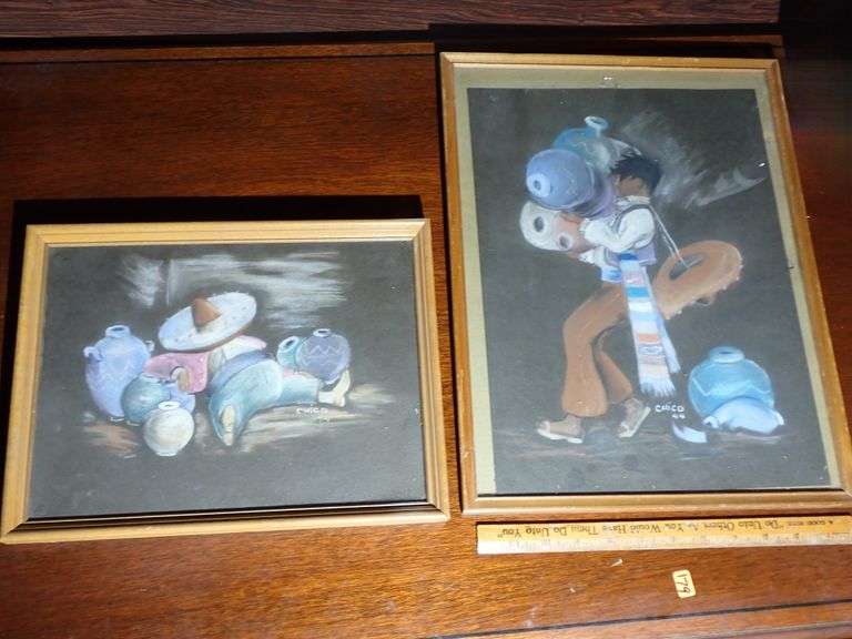 Two Original 1944 Southwest Art Chalk Drawings Signed CHICO.  Framed behind glass in Excellent condi