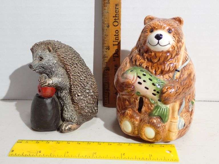 Stone Critters USA Hedgehog & Iridescent Glazed Ceramic Bear Tealight Candle Holder