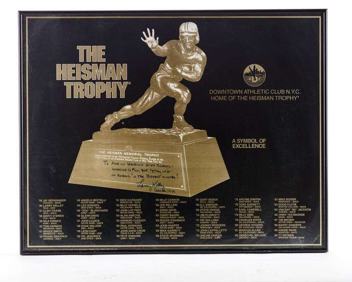 The Heisman Trophy Metal Artwork- Signed by 1936 Winner Larry Kelley