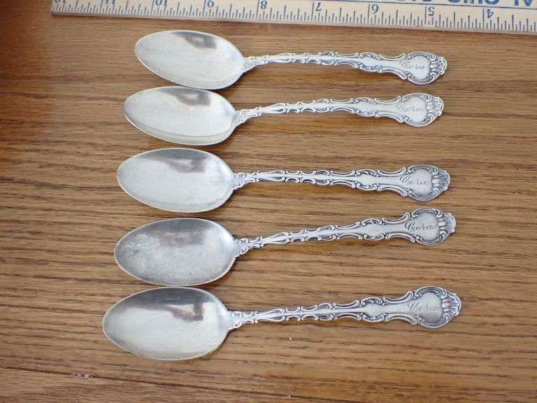 5 Antique Sterling Silver Spoons - Pompadour (Sterling,1914, Monograms) by Birks Silver
