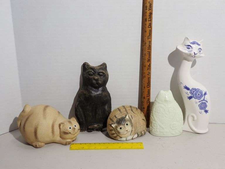 Red Clay Fat Cat - Black Chalkware Kitty - Ganz Fat Cat - White Porcelain & White/Blue Ceramic Cat