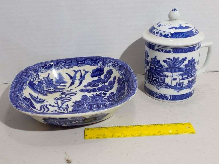 Flow Blue Willow Ware Oval Vegetable Bowl Made in England & Tea Cup w/lid - See all photos