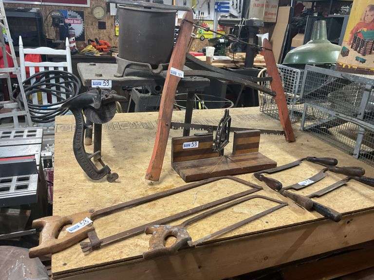 Draw Knives, Bow Saw, Lard Press, Cherry Pitter, Miter Box