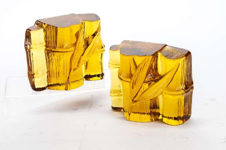 Vintage Blenko Amber Bamboo Bookends- Rare