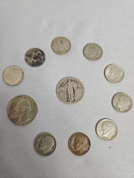 Silver coins- Standing liberty, mercury dime, '64 quarter & '51-'64 dimes (8)