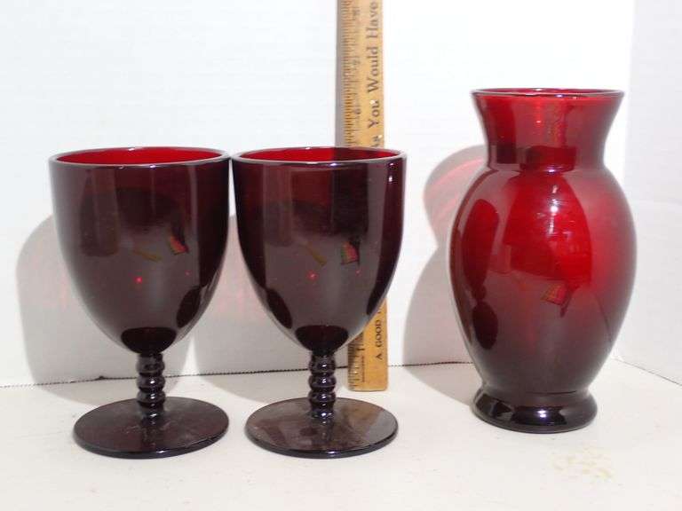 Anchor Hocking Ruby Red Monarch Goblets & Flared Top Flower Vase
