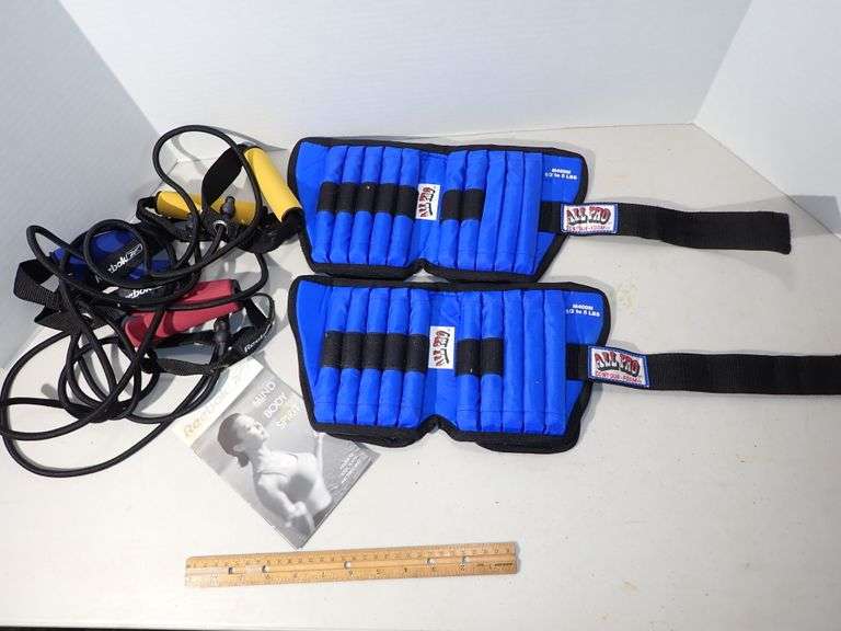 3 Reebok Pilates/Yoga Bands & ALL PRO ½lb-5lb Adjustable Ankle Weights