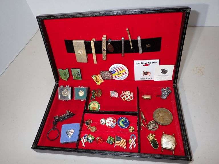 SWANK Jewelry Box 10k Rolled Gold Watch, Tie pins/clips, Medallion, Key Chain other collectable pins