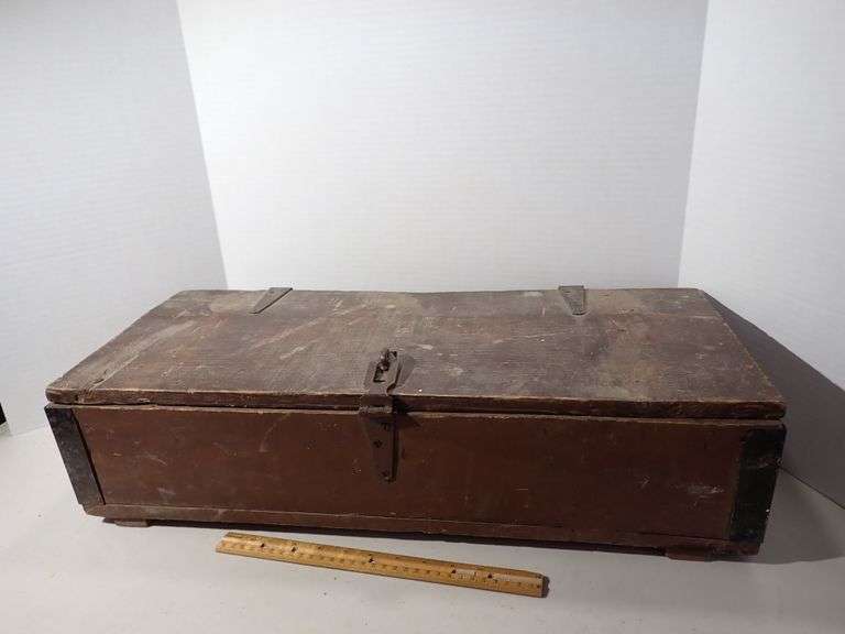 Antique Wood Box with metal corner protectors and hinged lid & Wire Tie Lock