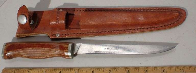 Vtg SHARP DF 40 Fixed Blade Wood Handle Hunting/Filet Knife w/leather sheath 8¼"